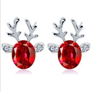 Reindeer Red & Silver Crystal Stud Christmas Earrings Holiday Nwt